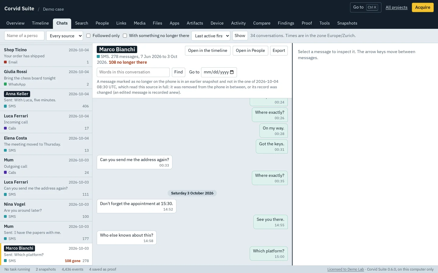 A conversation read as it was held, with a note that 108 of its messages are no longer on the phone.